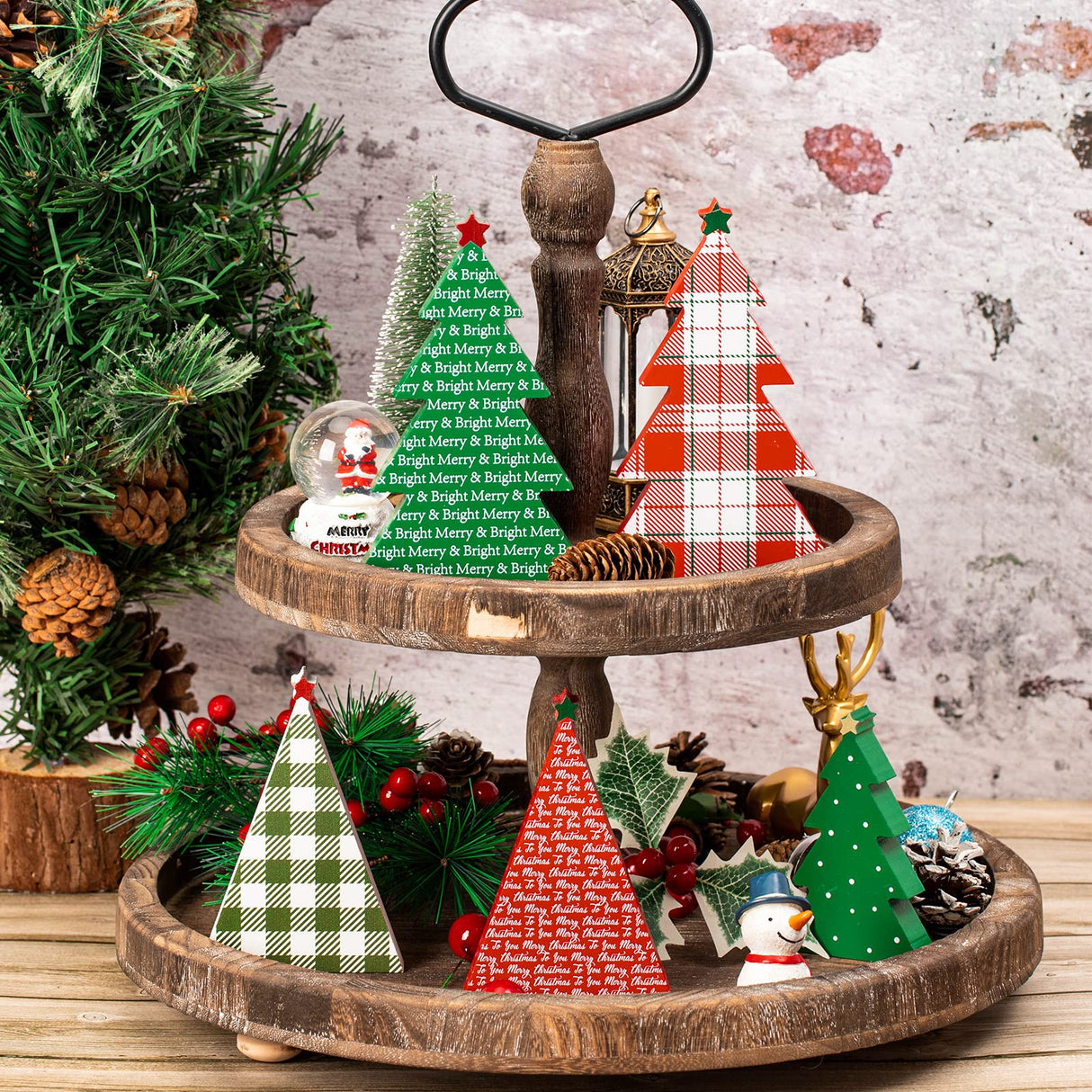 Whaline 5Pcs Wooden Christmas Tree Tabletop Decoration 3 Sizes Red Green Plaid Xmas Tree Table Centerpieces Rustic Sanding Christmas Tree Wood Sign for Home Office Fireplace Farmhouse Whaline
