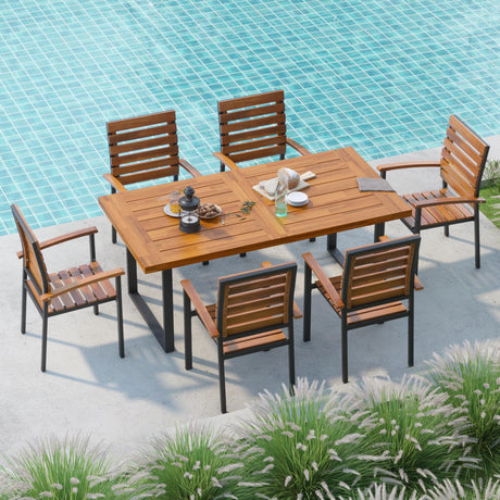 WiberWi 7 Piece Outdoor Dining Set for 6, Acacia Wood 59.1" Patio Table and Chairs Set with Metal Frame, Patio Dining Furniture Set for Garden, Balcony, Backyard, Poolside, Brown & Black WiberWi