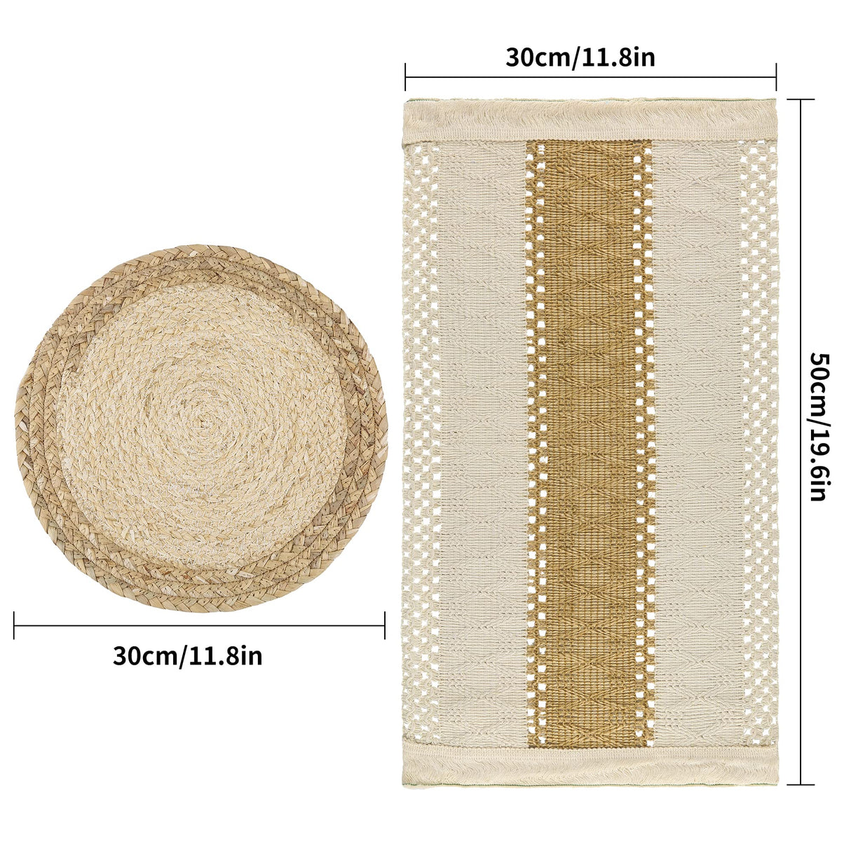 Zology Handmade Boho Placemats Set of 4 - Natural Cotton Burlap and Water Straw Woven Combination Table Mats, Macrame Décor and Farmhouse Style Placemats, for Dining Table Kitchen Zology