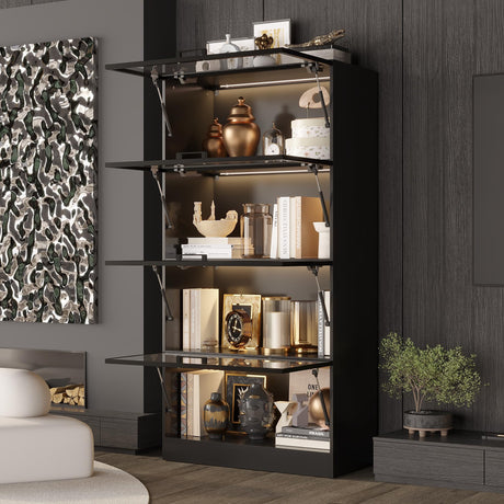 ECACAD 4 Tier Glass Display Cabinet with Light, Storage Curio Cabinet with Flip up Glass Doors, Collectors Showcase Figure Organizers Rack, Bookcase for Living Room/Home Office/Gaming Room,Black ECACAD