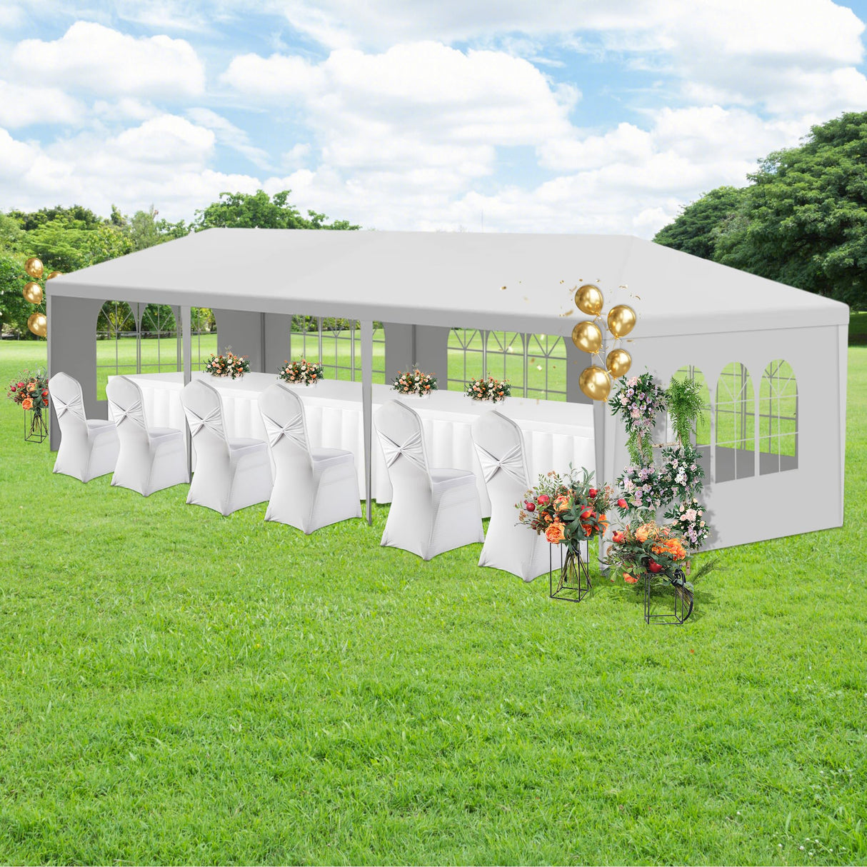 Usnipoya 10' x 30' White Canopy Tent Featuring 5 Removable Sidewalls, White Patio Party Tent with Windows, Shade Shelter Tents Ideal for Birthdays, Events, Parties, Weddings, Gatherings Usnipoya