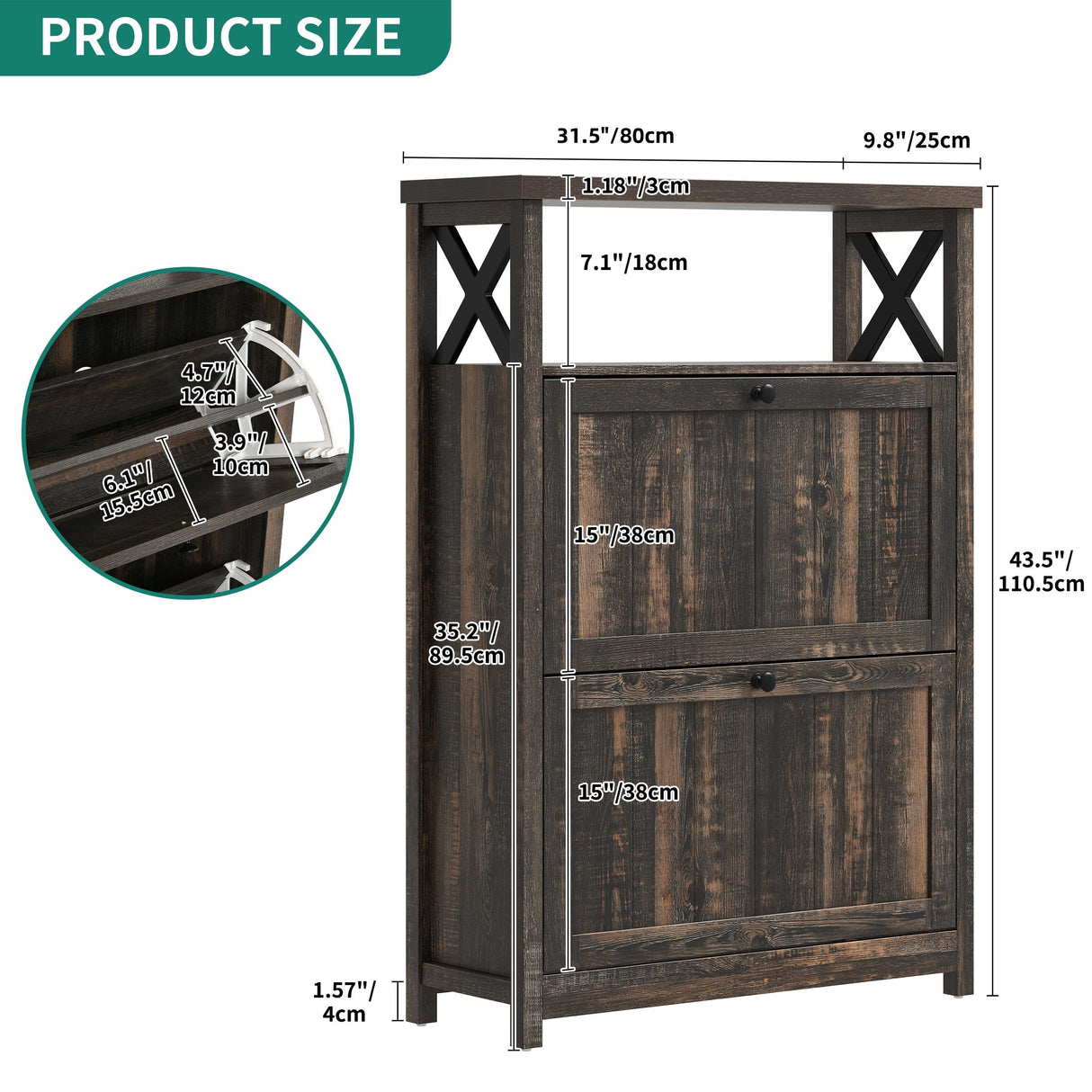 YITAHOME Shoe Cabinet with 2 Flip Drawers, Entryway Shoe Storage Cabinet with Open Shelves, Free Standing Hidden Shoe Rack Storage Organizer for Entryway/Hallway/Closet, Dark Rustic Oak YITAHOME