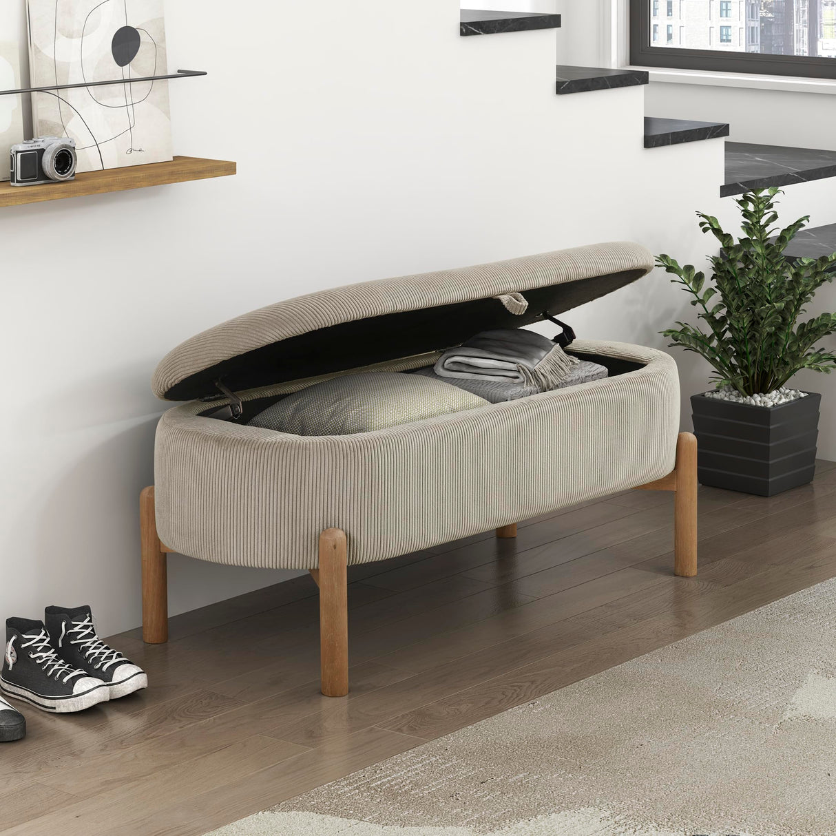 Lexicon Lift Top Storage Bench, Corduroy Upholstered Oval Entryway Bench with Solid Wood Leg Support, Modern Striped Storage Chest for Entryway/Living Room/Bedroom, Taupe Lexicon