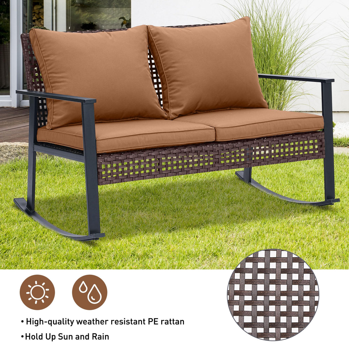 GDY Outdoor Wicker Loveseat Rocking Chair, Patio Outdoor Furniture Conversation Sets, Rattan Rocker Chair with Cushions, Modern Cozy Rocking Wicker Furniture for Garden, Porch, Poolside & Deck, Brown. GDY