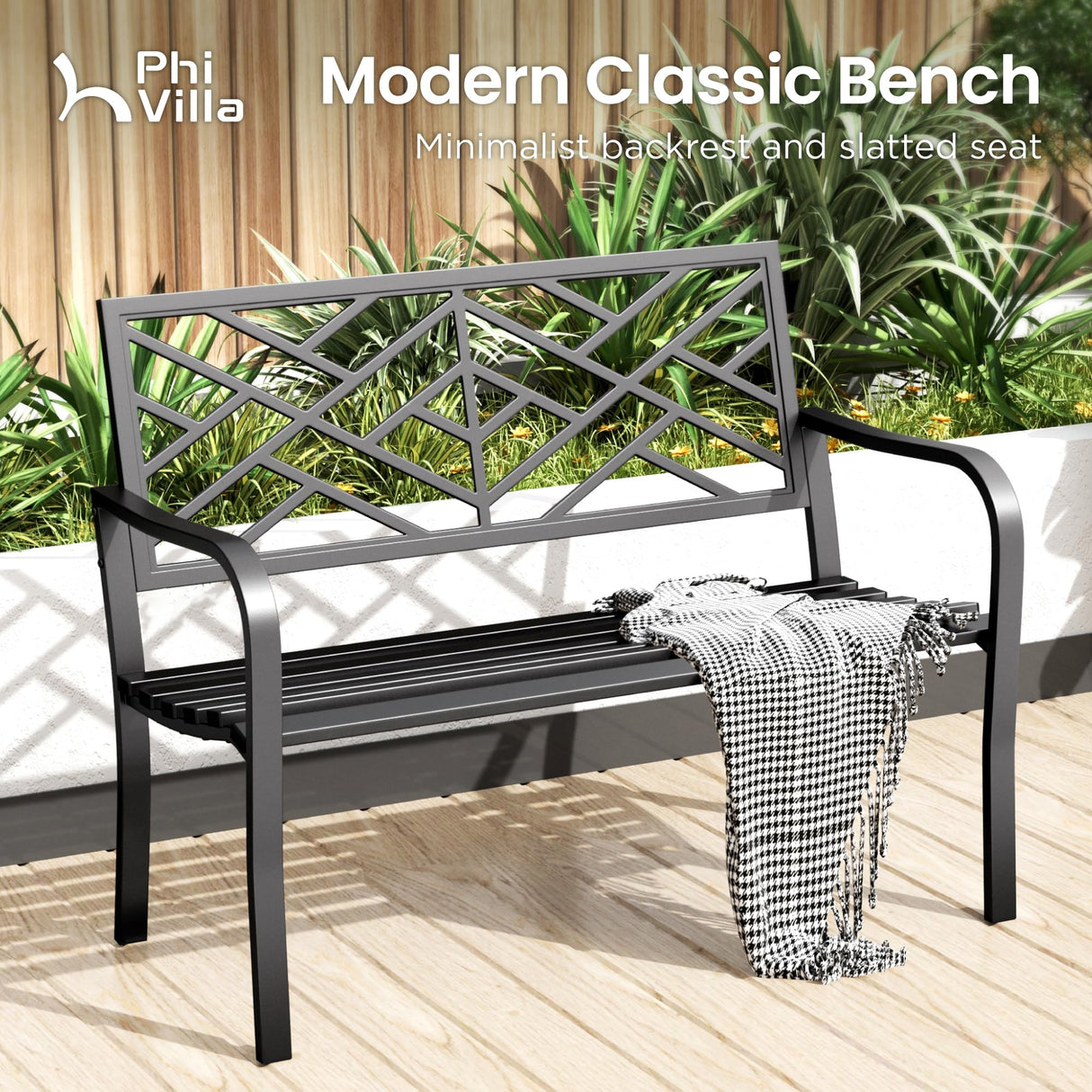 PHI VILLA 43 Inch Cast Iron Steel Frame Outdoor Garden Bench, Patio Furniture Chair Bench w/Line Pattern Design Backrest, Slatted Seat for Park, Yard, Porch - Black PHI VILLA