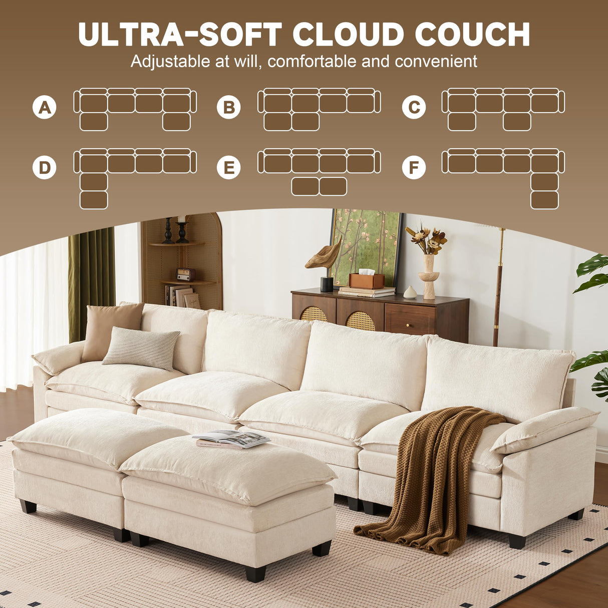 SUAWY 147 Inch Big Comfy Couch with Ottoman, 6 Seat U Shaped Couches, Cloud Modular Sectional Sofa, Modern Cloud Couch Sectionals, Sectional Couches for Living Room, Oversize Deep Seat Sofa, Beige SUAWY