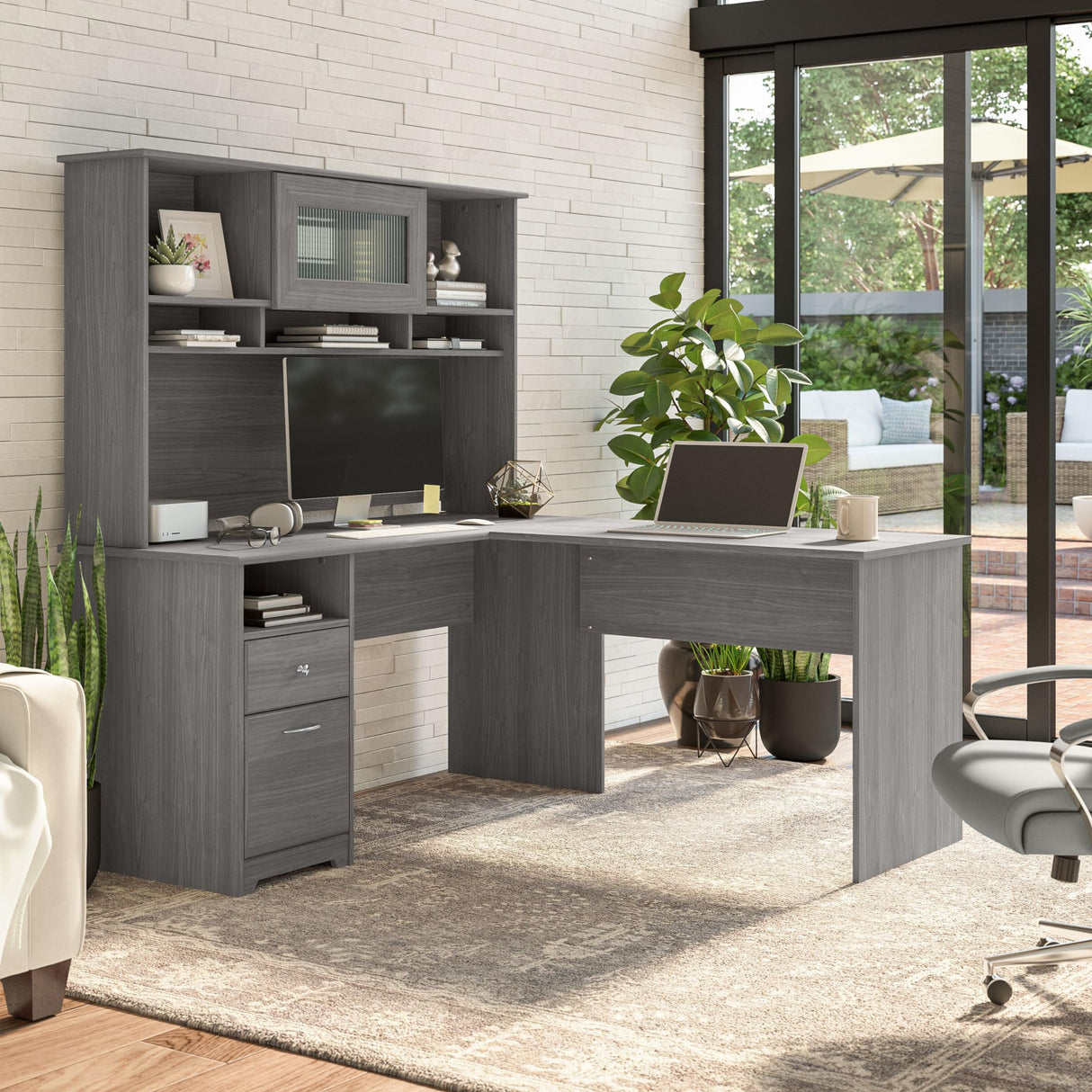 Bush Furniture Cabot 60W Single Pedestal L Desk with Hutch, Modern Gray Bush Business Furniture