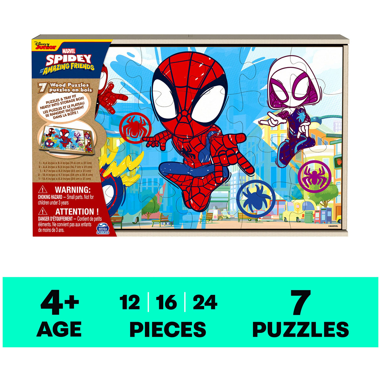Marvel Spidey and his Amazing Friends 7 Wood Jigsaw Puzzles with Sliding Wood Storage Box- Spidey and his Amazing Friends Toys for Kids Ages 4+ Spin Master Games