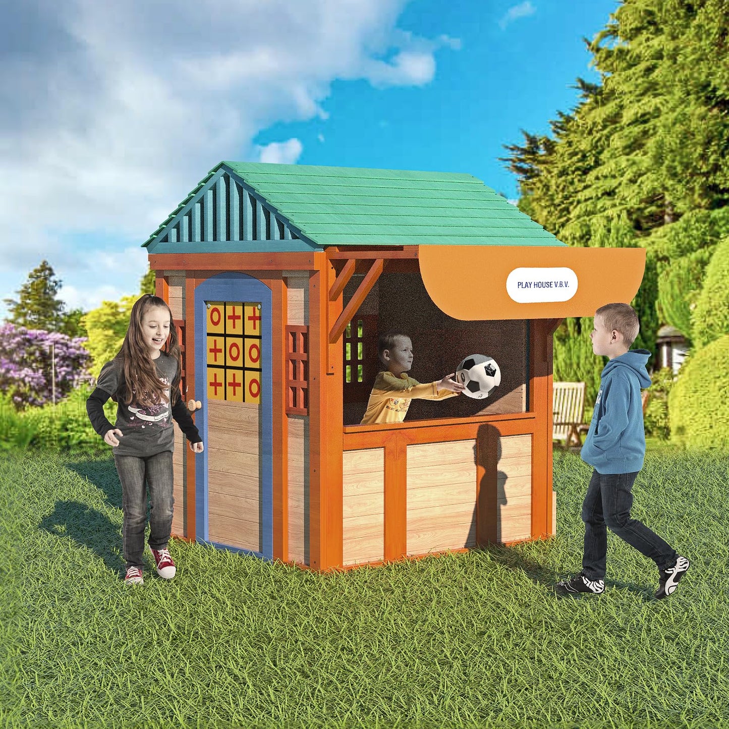 Outdoor Playhouse for Age 3-8 Years Boy Girl, Wooden Cottage Playhouse with 4 Game Awning Window, Ball Wall & Tetris. Play House for Outdoor Garden,