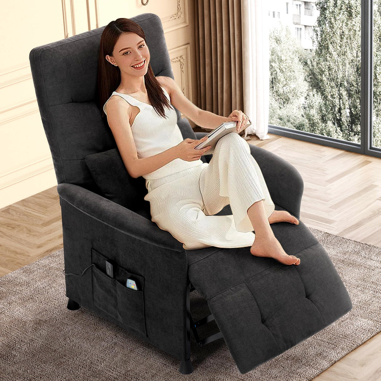 Power Recliner Chair for Adults – Heated Massage, Vibration, Electric Reclining Sofa with Side Pocket & Remote, Adjustable Recliner for Living Room or Home Theater Seating (Premium, Black) NBBOTBOT