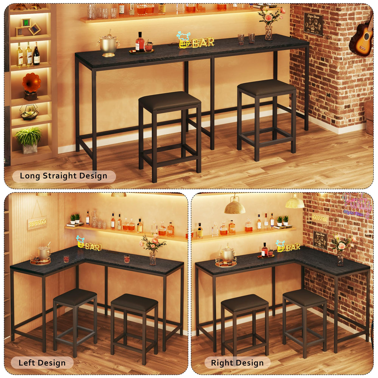 HUAHUU Bar Table and Chairs Set for 2-4, 63'' Convertible L-Shaped Kitchen Table with Power Outlets, 3 Piece Counter Height Small Dining Table with 2 Stools, Space Saving, Breakfast Nook Corner, Black HUAHUU