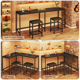 HUAHUU Bar Table and Chairs Set for 2-4, 63'' Convertible L-Shaped Kitchen Table with Power Outlets, 3 Piece Counter Height Small Dining Table with 2 Stools, Space Saving, Breakfast Nook Corner, Black HUAHUU