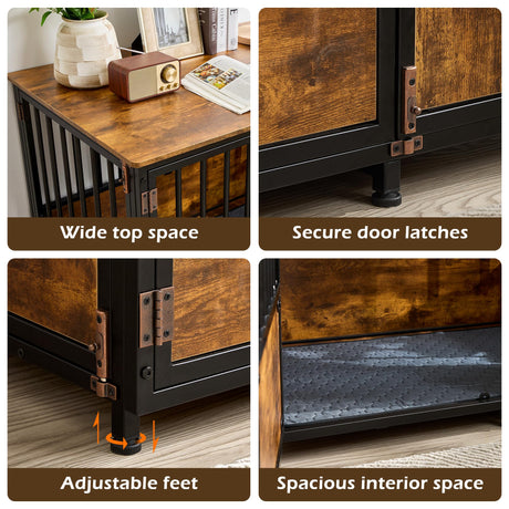 KOOPRO 43.7" Inch Dog Crate Furniture with Cushion for Large Dogs, Wooden Heavy Duty Dog Kennel with Double Doors Indoor, Decorative Pet House Dog Cage Side End Table, Rustic Brown KOOPRO