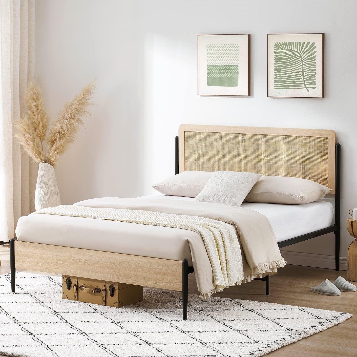 IDEALHOUSE Queen Size Bed Frame with Rattan Headboard, Platform Bed Frame with Safe Rounded Corners, Strong Metal Slats Support, Mattress Foundation,