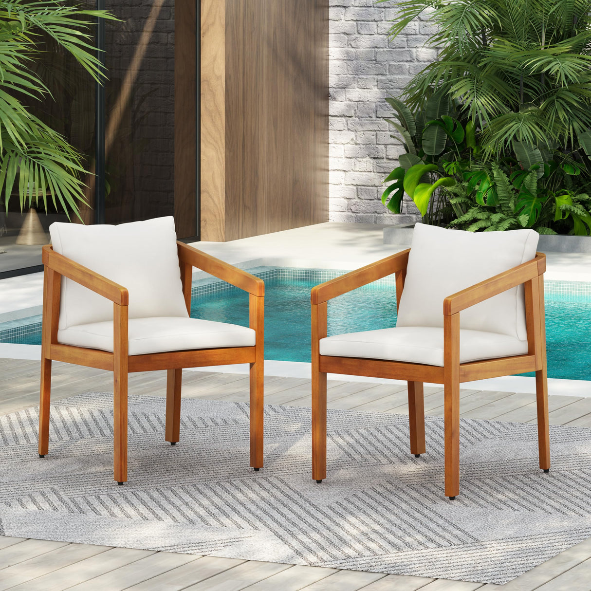 Christopher Knight Home Lucid Set of 2 Outdoor Dining Chair, Acacia Wood Frame Dining Chairs, Accent Chair Set with Comfortable Cushions, Patio Armchair for Backyard Poolside Garden, Natural + Beige Christopher Knight Home