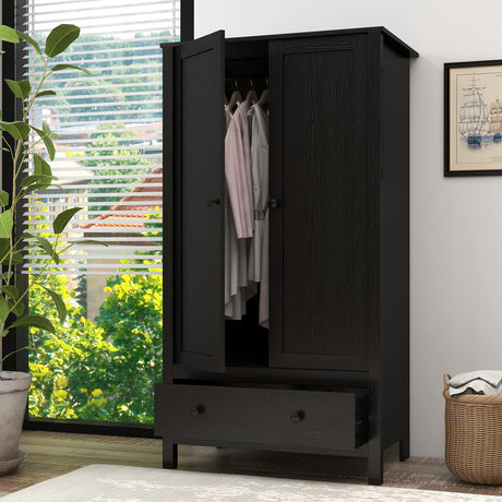 Panana 2 Door Wardrobe, Armoire with Drawer for Bedroom (Black) Panana