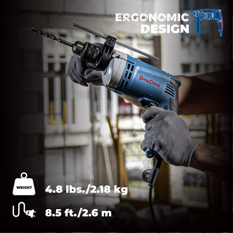 DongCheng Hammer Drill 6A,1/2 Inch Keyed Chuck, 0-3000 RPM/45000 BPM Impact Drill with 15PCS Drilling Bits for Concrete，Metal & Wood, DZJ05-13 Dong Cheng