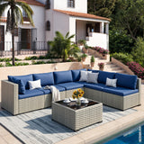 VONZOY Patio Furniture Set, 7-Piece Outdoor Sectional All-Weather Wicker Patio Conversation Set for Backyard (Navy Blue Cushions with Grey Rattan) VONZOY