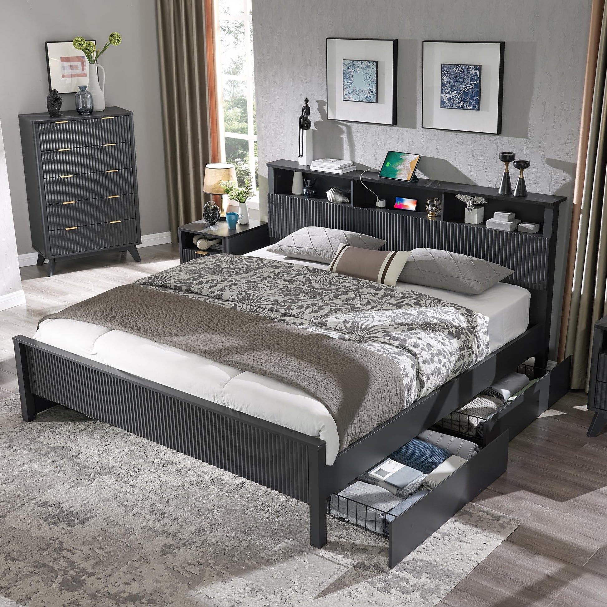 T4TREAM Fluted Panel Queen Bed Frame with Bookcase Headboard & Charging Station, Modern Wood Platform Bed with 4 Drawers, Wood Slats Support, Noise Free, No Box Spring Needed, Dark Grey - WoodArtSupply