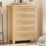 Natural Rattan Dresser for Bedroom with 5 Drawers, Wood Boho Chest of Drawers with Gold Metal Handle, Matte Top Bedroom Tall Dresser with Large Drawers for Living Room, Closet, Hallway, (Nartual Oak) Jocoevol
