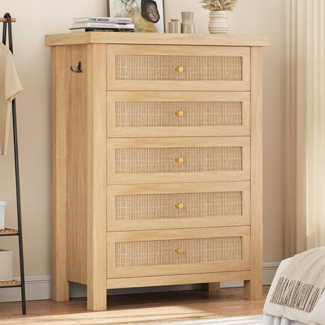 Natural Rattan Dresser for Bedroom with 5 Drawers, Wood Boho Chest of Drawers with Gold Metal Handle, Matte Top Bedroom Tall Dresser with Large Drawers for Living Room, Closet, Hallway, (Nartual Oak) Jocoevol