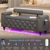 BYSAUD 51" Ottoman with Storage, Storage Ottoman Bench with LED Lights, End of Bed Bench with Upholstered Backrest & Curved Arm, Entryway Bench with Tufted Button for Bedroom Living Room, Dark Gray BYSAUD