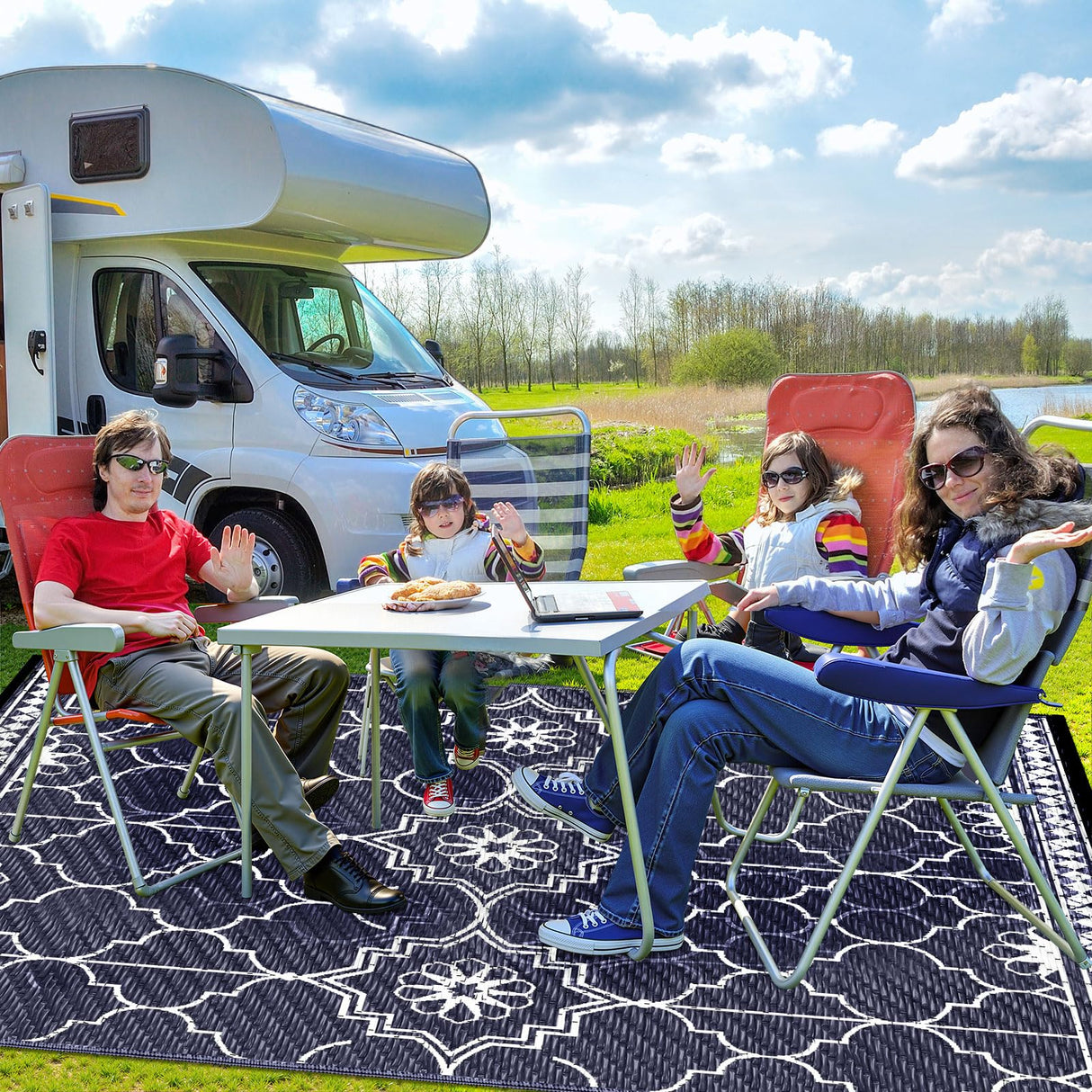 6x9Ft Outdoor Rug, Solar Powered Outdoor Rug with 94LEDs Strip Lights for House Deck, Waterproof Plastic Reversible Outdoor Straw Rugs, Rugs Mat RV Camping Patio Beach Balcony Picnic (Blue White) Capybland