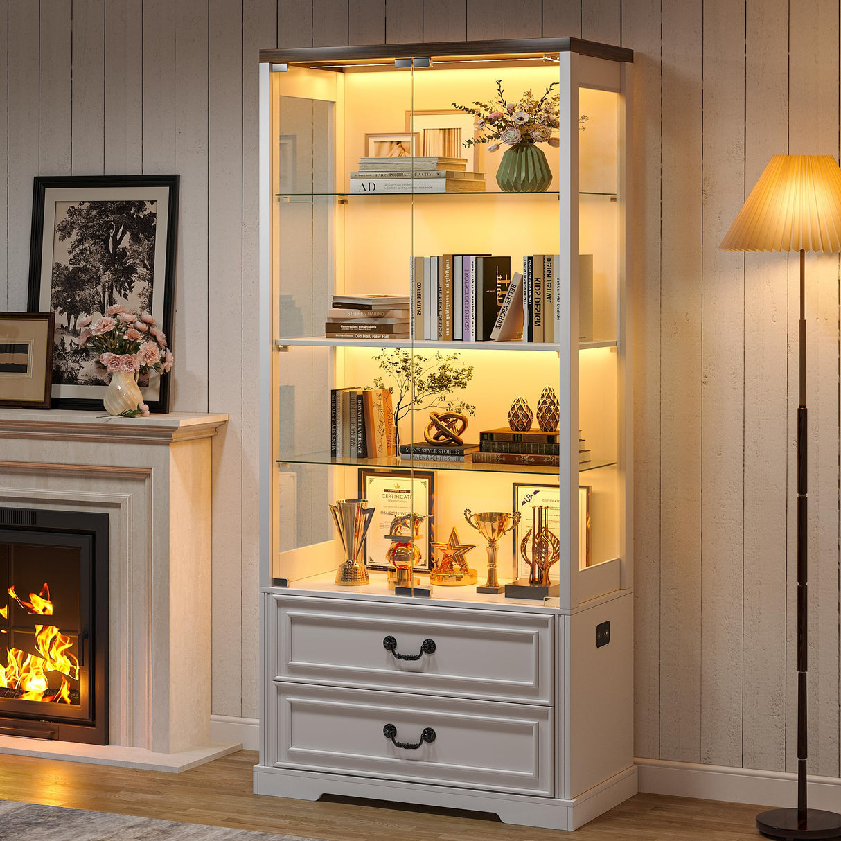67" Tall Display Cabinet with Glass Doors and 2 Drawers, Adjustable Glass Height Bookcase, Curio Cabinet with 3 LED Lights and Human Body Sensor (White) TAGELIER