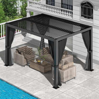 10' ×13' Outdoor Louvered Pergola, Aluminum Outdoor Louvered Pergola Patio with Adjustable Roof for Outdoor Deck (Black with Curtain)