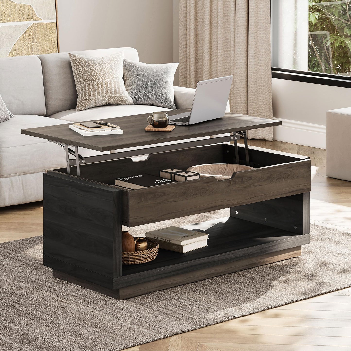 BELLEZE Coffee Table, Lift Top Coffee Table with Hidden Compartment and Open Storage Shelf, Central Table for Living Room, Home Office - Brown - WoodArtSupply