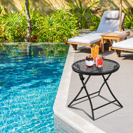 TeoKJ Folding Outdoor Side Tables, Anti Rust Small Patio Table Round Metal Nightstand with Flower Cutouts for Porch Yard Balcony Deck Lawn, Black TeoKJ
