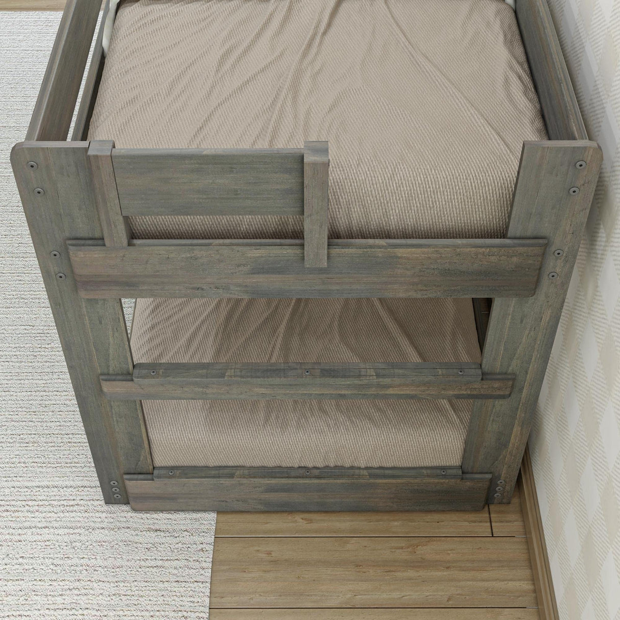 Max & Lily Modern Farmhouse Low Bunk Bed, Twin-Over-Twin Bed Frame For Kids, Driftwood Max & Lily