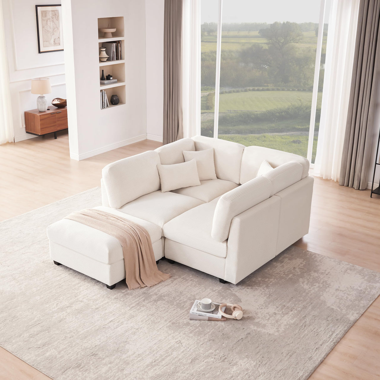 Huatean Home 125 Inch Oversized Corduroy Modular Sectional Sofa, U Shaped Modular Couch with Storage, 5 Seat Convertible Corduroy Couch, Comfy Sectional Couches for Living Room with Foam, Light Beige Huatean Home