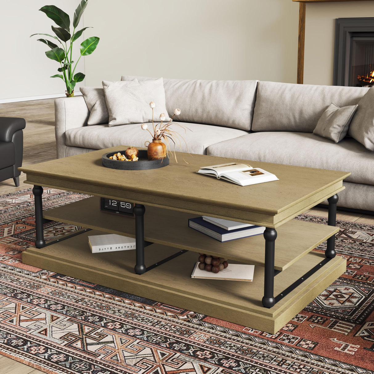 Merax 55.1" Modern Wood Coffee Table with 2 Open Shelves, Industrial Living Room Table with Black Legs, Sturdy Rubberwood Center Table for Large Space, Brown Merax