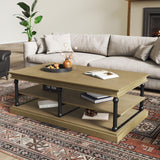 Merax 55.1" Modern Wood Coffee Table with 2 Open Shelves, Industrial Living Room Table with Black Legs, Sturdy Rubberwood Center Table for Large Space, Brown Merax