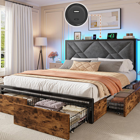 EnHomee Queen Bed Frame with 6 Storage Drawers and LED Lights, Bed Frame Queen Size with Upholstered Headboard Built in Charging Station,Noise-Free,Easy Assembly, Vintage Brown EnHomee