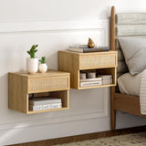 EYYTHUNG Small Rattan Floating Nightstands with Drawer Set of 2, Wall Mounted Night Stand with Open Compartment Modern Wooden Bedside Table Storage Cabinet for Bedroom, Entryway Natural Oak EYYTHUNG