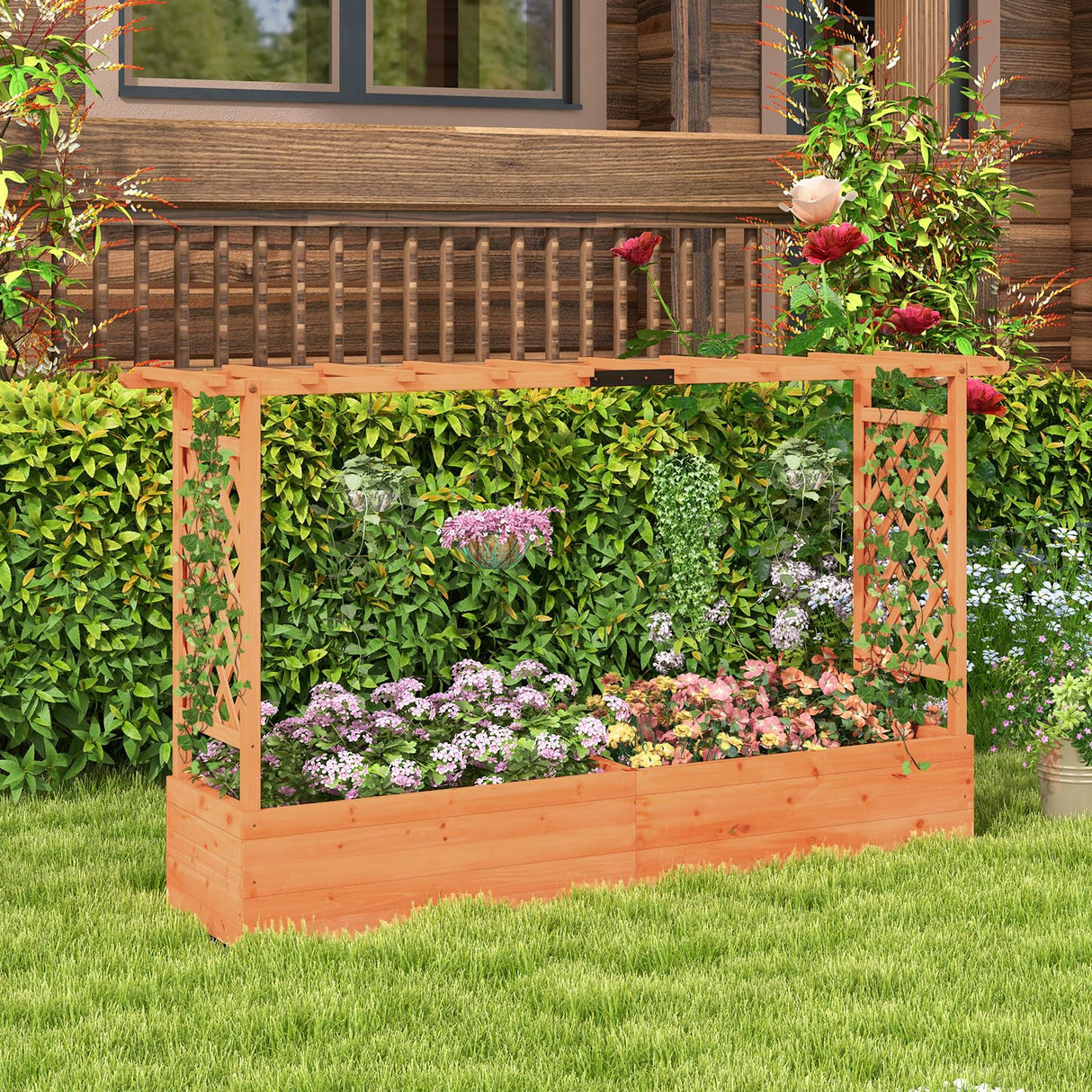 Giantex Raised Garden Bed with 2-Sided Trellis & Hanging Roof, Fir Wood Planter Box w/Drainage Holes, Bottom Gaps, Freestanding Garden Planter for Flowers Herbs Climbing Vines (79" x 17.5" x 45") Giantex