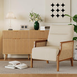 Aklaus Mid Century Accent Chair with Rattan Armrest, Upholstered Living Room Chairs Lounge Fabric Reading Chairs Side Sitting Farmhouse Chair for Living Room, Bedroom, Balcony, Beige Aklaus