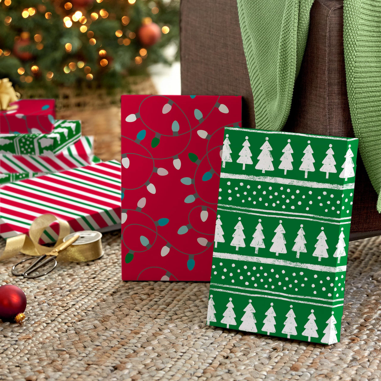 Hallmark Medium Christmas Gift Boxes with Lids (12 Shirt Boxes, 3 Designs: Lights, Trees, Red and Green Stripes) for Christmas, Holiday Parties, Hostess Gifts Hallmark