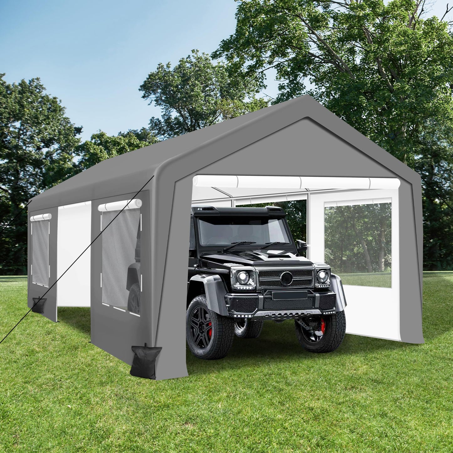 QZEN Carport 12'x20' Portable Garage, Heavy Duty Carport Canopy with Roll-up Ventilated Windows & Side Doors, Car Port for SUV, F150, Car, Truck, Boat（12' x 20'）