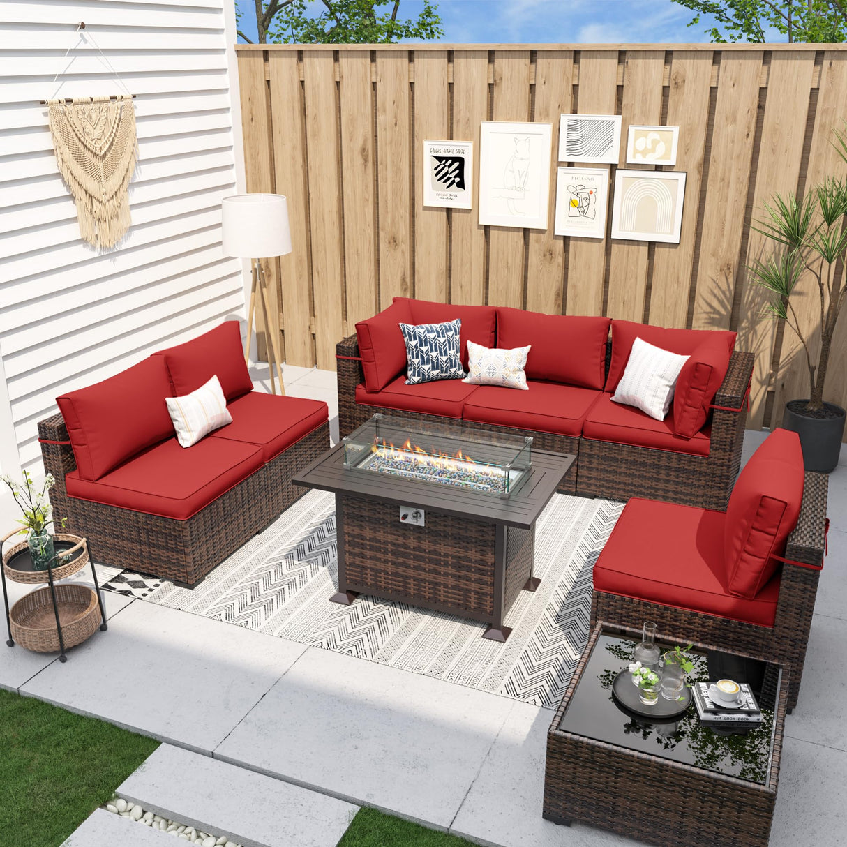 UDPATIO Patio Furniture Sets with Fire Pit Table, Modular Rattan Outdoor Conversation Patio Sectional Furniture Sofa Set for Backyard, Deck w/Coffee Table, 8PC Brown/Red (Include Sofa Cover) UDPATIO