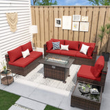 UDPATIO Patio Furniture Sets with Fire Pit Table, Modular Rattan Outdoor Conversation Patio Sectional Furniture Sofa Set for Backyard, Deck w/Coffee Table, 8PC Brown/Red (Include Sofa Cover) UDPATIO