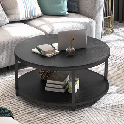 WiberWi Rustic Industrial 35.8" Round Coffee Table with Storage Shelf and Sturdy Metal Legs, Easy Assembly - WoodArtSupply