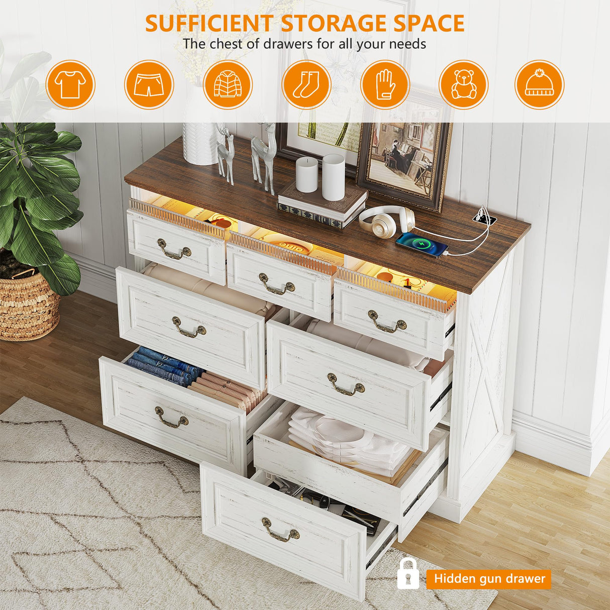 Farmhouse 7 Drawers Dresser for Bedroom, Large Chest of Drawers with Hidden Storage, Tall Dresser with LED Lights, Wood Dressers Organizer for Living Room, Closet, Hallway, Antique White TAGELIER