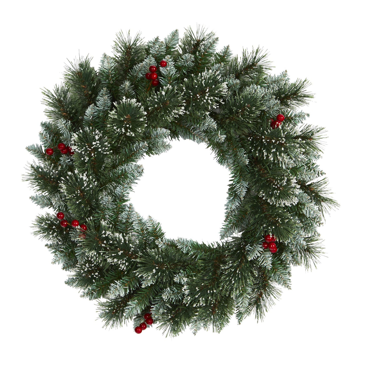 Nearly Natural 24in. Frosted Swiss Pine Artificial Wreath with 35 Clear LED Lights and Berries, Green, 5x24x24