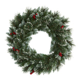 Nearly Natural 24in. Frosted Swiss Pine Artificial Wreath with 35 Clear LED Lights and Berries, Green, 5x24x24 Nearly Natural