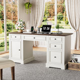 Sunny Heart 60" Executive Desk, Farmhouse Wood Computer Office Desk with Drawers & Cabinet, Rustic Home Office Desk Workstation for Home, Study, Work, Writing, Antique White Sunny Heart