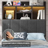 AMERLIFE Twin Bed Frame with 51.2" Tall Bookcase Headboard, Farmhouse Platform Bed with 4 Storage Drawers, Linen Upholstered, Charging Station & Storage, Rustic Black AMERLIFE