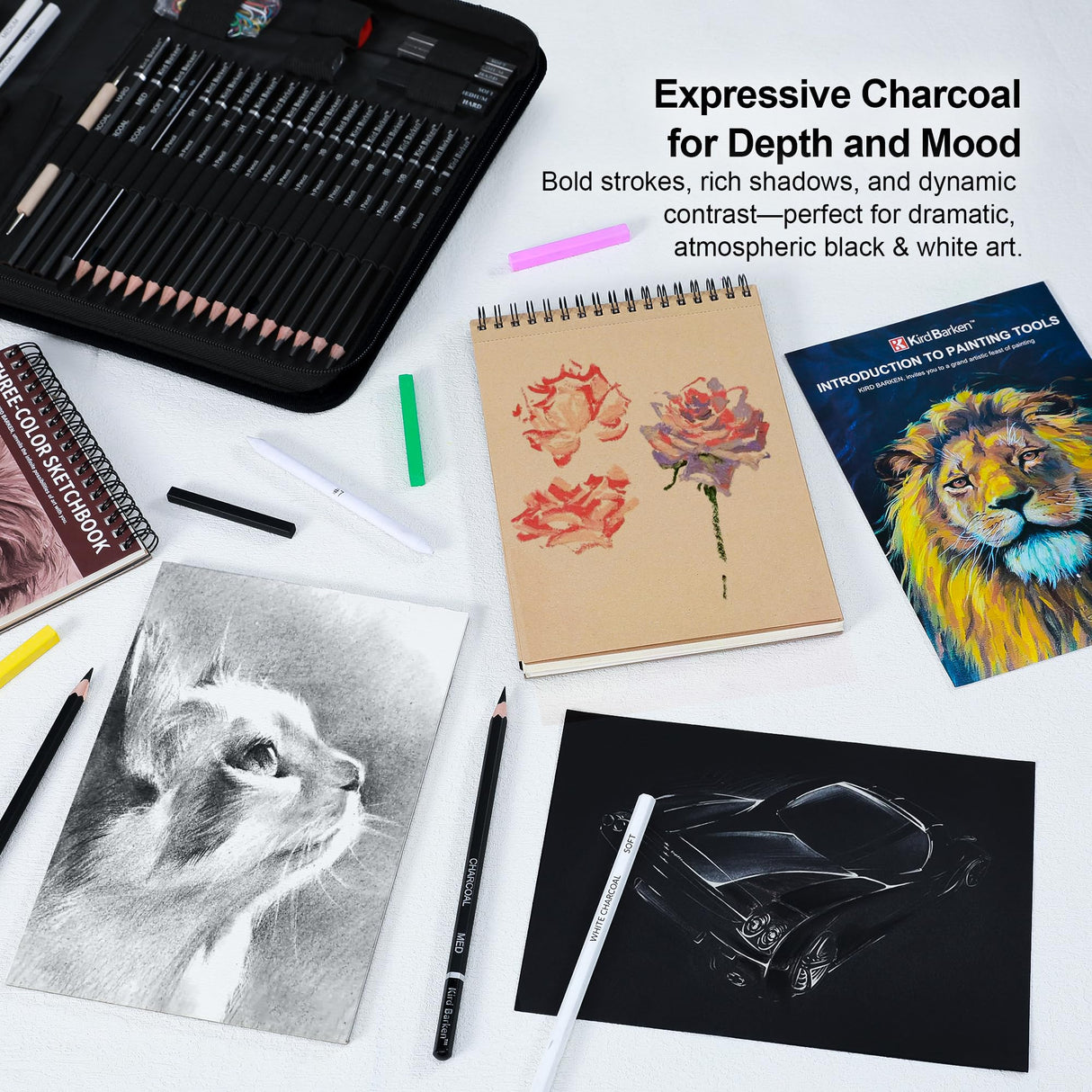Kird Barken 112 PCS Professional Drawing Set Sketch Kit with 3-Color Sketchbook, Graphite & Charcoal Pencils,Sketching Supplies for Shading & Blending – Ideal for Artists, Adults, Teens & Beginners Kird Barken
